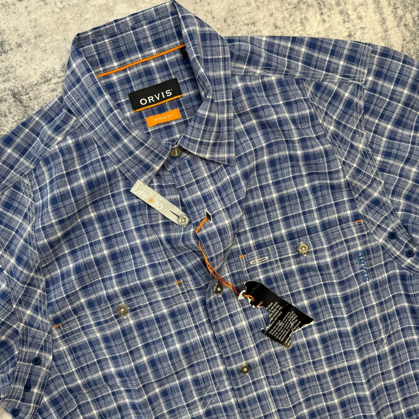 Orvis Shir tMens Small Blue Plaid Active Fit Breathable UPF Fishing Hiking NEW
