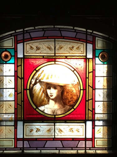 Antique Stained Glass Window Sun Solar Woman Flowing Blond Hair Hand Painted - Picture 4 of 22
