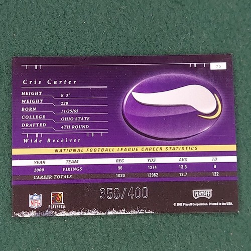Cris Carter 2001 Playoff Preferred Football Card #75 serial #d 358/400 - Picture 2 of 17