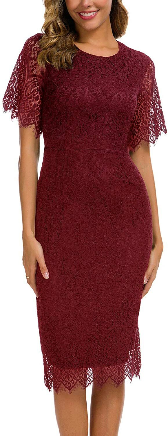 ALLANDWELL Womens Elegant Short Sleeve Floral Lace Cocktail Dress