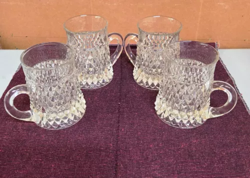 Set Of 4 Vintage  INDIANA GLASS, Heavy  Diamond Point Coffee Mugs  4.25"H
