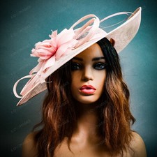 Light Pink Wide Brim Fascinator Hat with Flower for Wedding Derby Tea Party