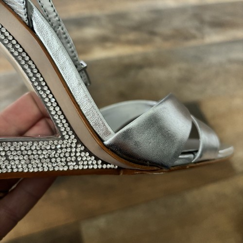 SCHUTZ Women Size 8 Phillie Silver Metallic Leather Rhinestone Wedge High Heels - Picture 12 of 12