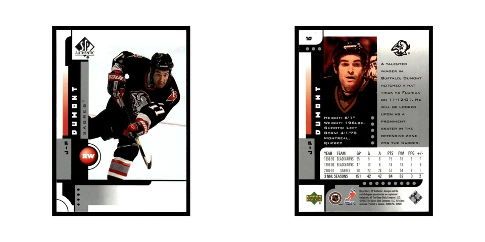 J.P. Dumont 2001 Upper Deck SP Authentic #10 Buffalo Sabres Hockey Card NM - Image 3 of 3