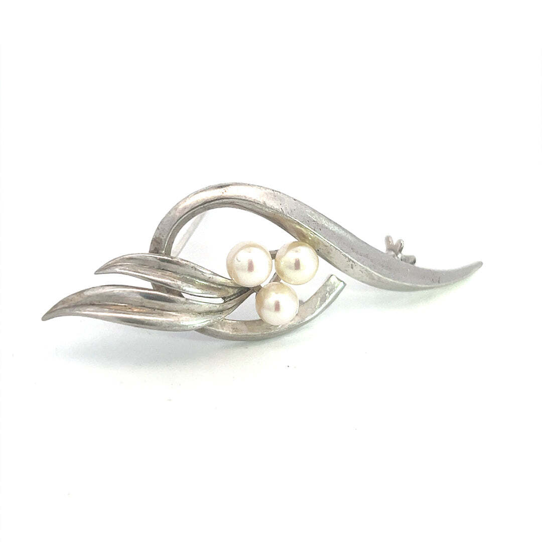 アクセサリー Akoya Pearl brooch in silver Rank A Mikimoto Estate Akoya Pearl Brooch 2.5