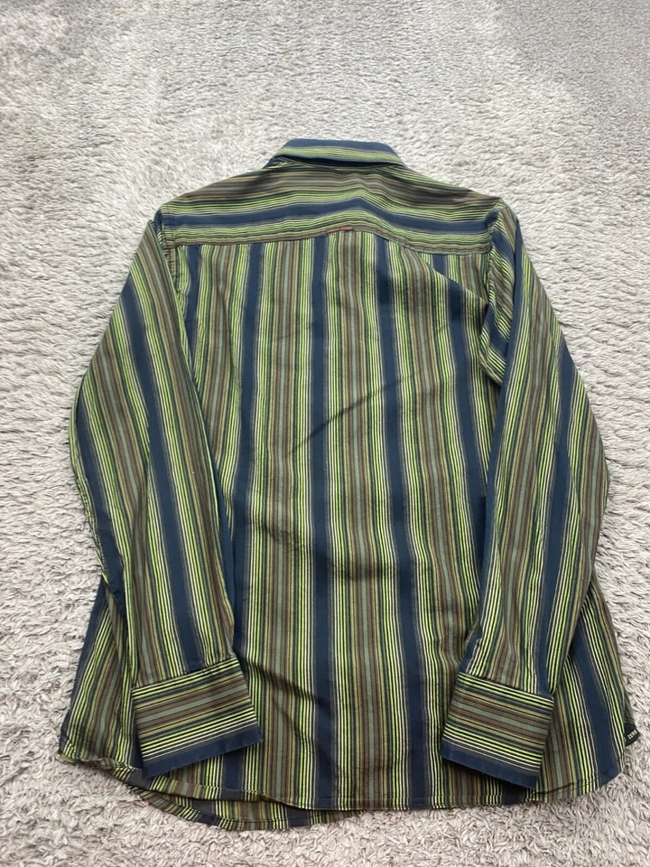 Point Zero Shirt Men Large Green Striped Black Label Slim Fit Grudge Button Up - Image 2 of 4
