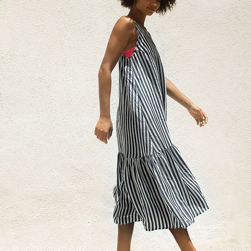 LEFT ON FRIDAY Wear To Dress Striped Loose Fit Scoop Neck Midi Dress Sz S/M - Picture 2 of 10