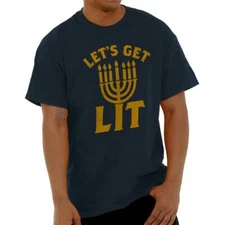 Lets Get Lit Menorah Hanukkah Drinking Gift Adult Short Sleeve Crewneck Tee