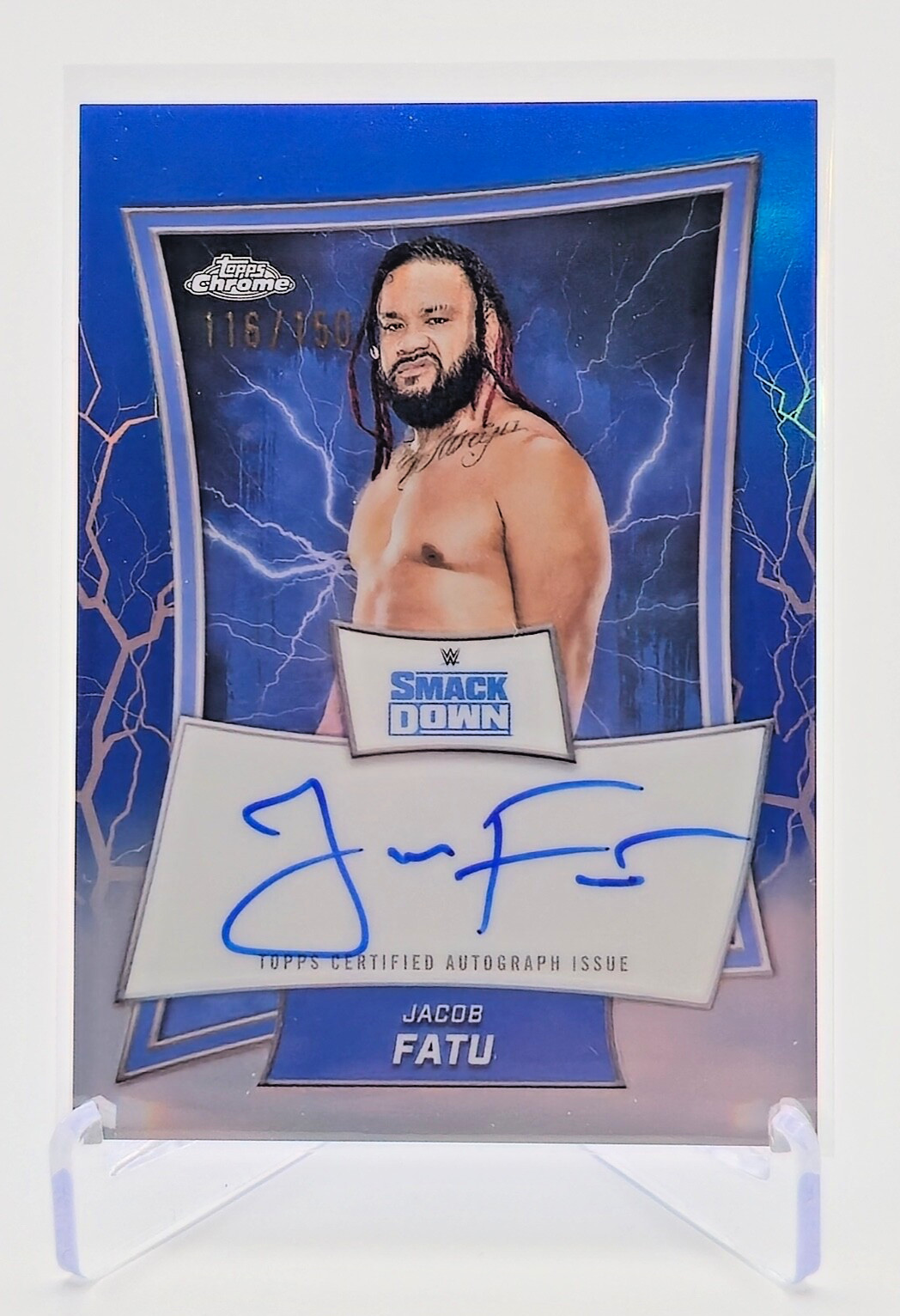 2025 Topps Chrome WWE - Blue Brand Autographs Jacob Fatu #BBA-JAC Blue Refractor
