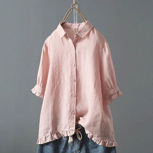 Damen Leinen Baumwolle Hemd Rüschen Knopfleiste Tops 3/4 Arm Freizeit Locker Bluse - Bild 11 von 21