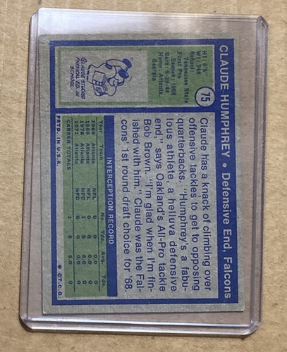 1972 Topps Claude Humphrey #75 Autographed Card Atlanta Falcons - Bild 2 von 2