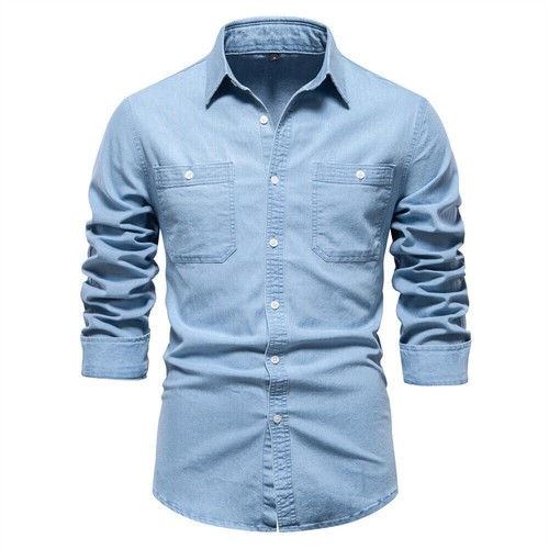 Camisa de mezclilla informal ajustada para hombre Ropa de trabajo Blusa con botones de manga larga - Imagen 3 de 22