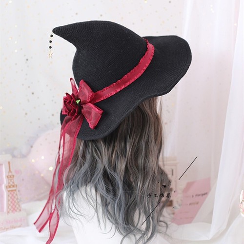 Lolita Party Cool Black Magic School Witch Hat with Rose Costume Fancy Cosplay - Picture 2 of 11