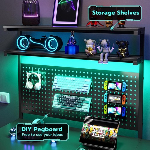 L Shaped Gaming Desk with LED Lights and Hutch, Computer Desk with Monitor Stand - Picture 4 of 9