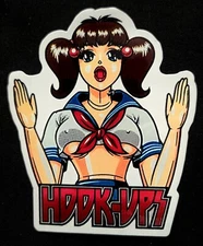 HOOK UPS STICKER VINTAGE "BLOW UP BOOBS CHEERLEADER DOLL" 3 5/8 X 4 1/4" GLOSSY 