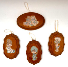 4 VTG Decoupage Angel Kid Bear Wood Plaques Wall Hanging Retro Decor Unique Gift