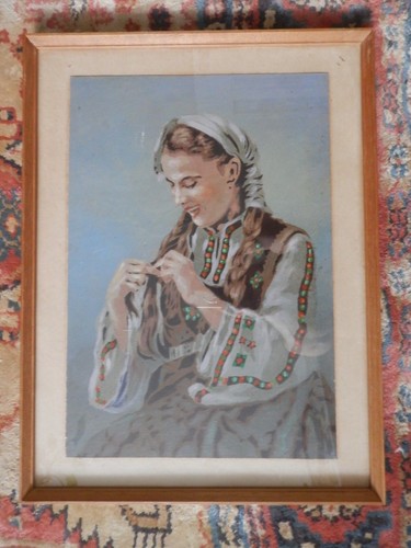 Vintage Acrylic Painting Young Woman Portrait Wall Hanging Picture Wooden Frame - Picture 2 of 11