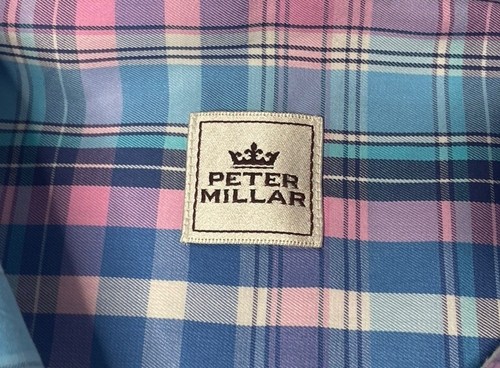 Camisa de manga corta Peter Millar azul y rosa a rayas con botones para hombre talla grande - Imagen 2 de 9