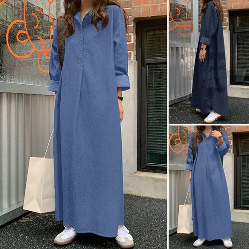 Ladies Denim Shirt Dress Long Sleeve Womens Button Up Casual Loose Maxi ##