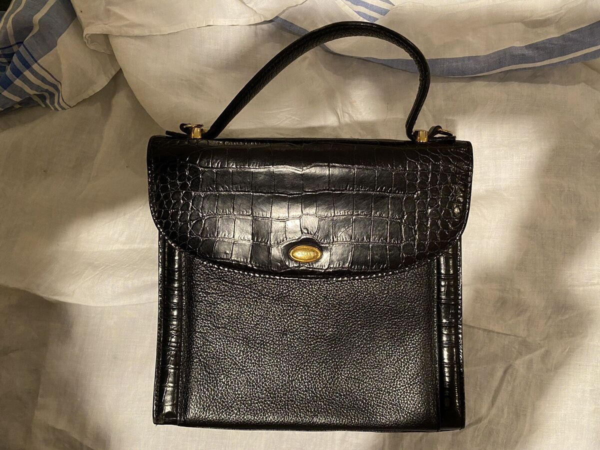 Bally black leather designer vintage handbag croc print top handle grab bag