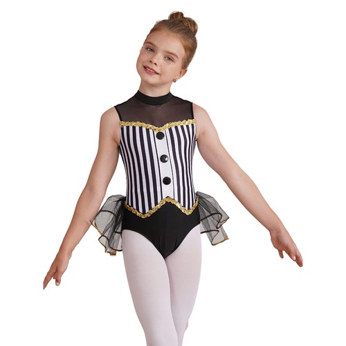 AU Kids Girls Ballet Dance Leotard Bodysuit with Tutu Skirt Striped Dance Dress - Picture 11 of 37