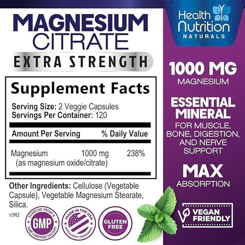 Magnesium Citrate Capsules 1000mg Max Absorption Magnesium Powder Capsule Muscle - Picture 17 of 18