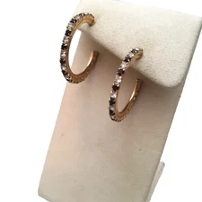 Rhinestone Hoop Earrings Black Clear Stones Gold Tone Round 1 Inch Pierced Backs