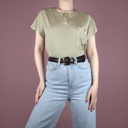 VINTAGE Green Khaki Pastel 90s 80s Gem Embroidered Blouse T Shirt Top M 14 16