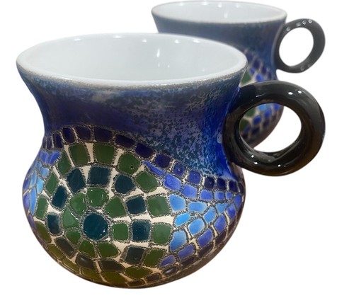 Eduardo Vega Pottery Vintage Mugs - Set of 6- Mosaic Signed, Rare, 8 oz MCM - Picture 2 of 8