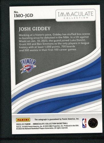 2022-23 Josh Giddey 34/75 Auto Panini Immaculate Modern Marks Auographs - 第 2/2 張圖片