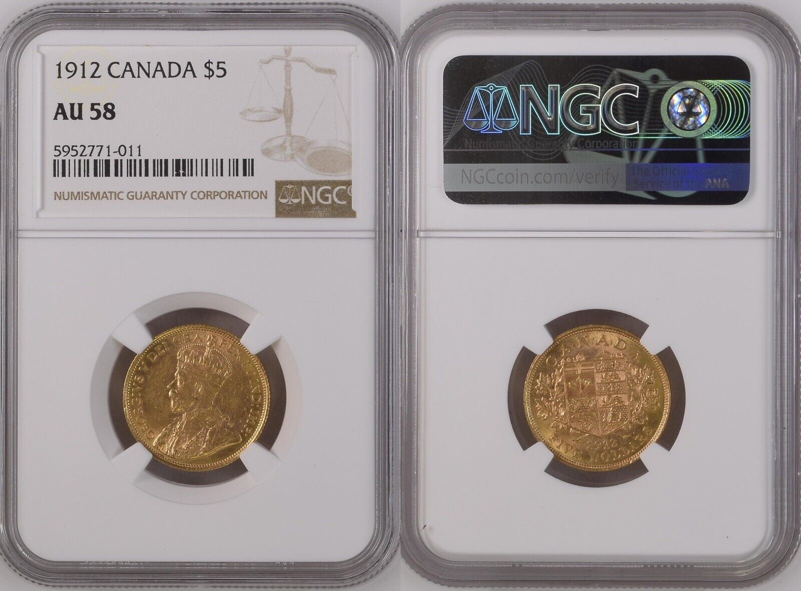 1912 Canada $5 Gold Coin NGC AU 58