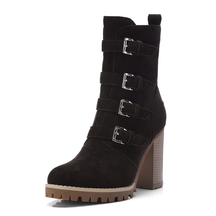 Womens Buckle Strap Suede Leather Side Zip Block Heel Heel Heel Combat Punk Mid Calf Boots b38274 Womens Buckle Strap Suede Leather Side Zip Block Heel Heel Heel Combat Punk Mid Calf Boots b38274
