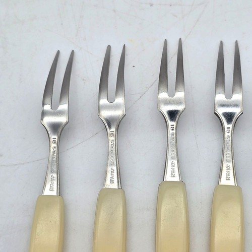 7 Little Appetizer Cocktail Forks Picks Stainless Steel Ivory MCM Retro Japan - Picture 6 of 7