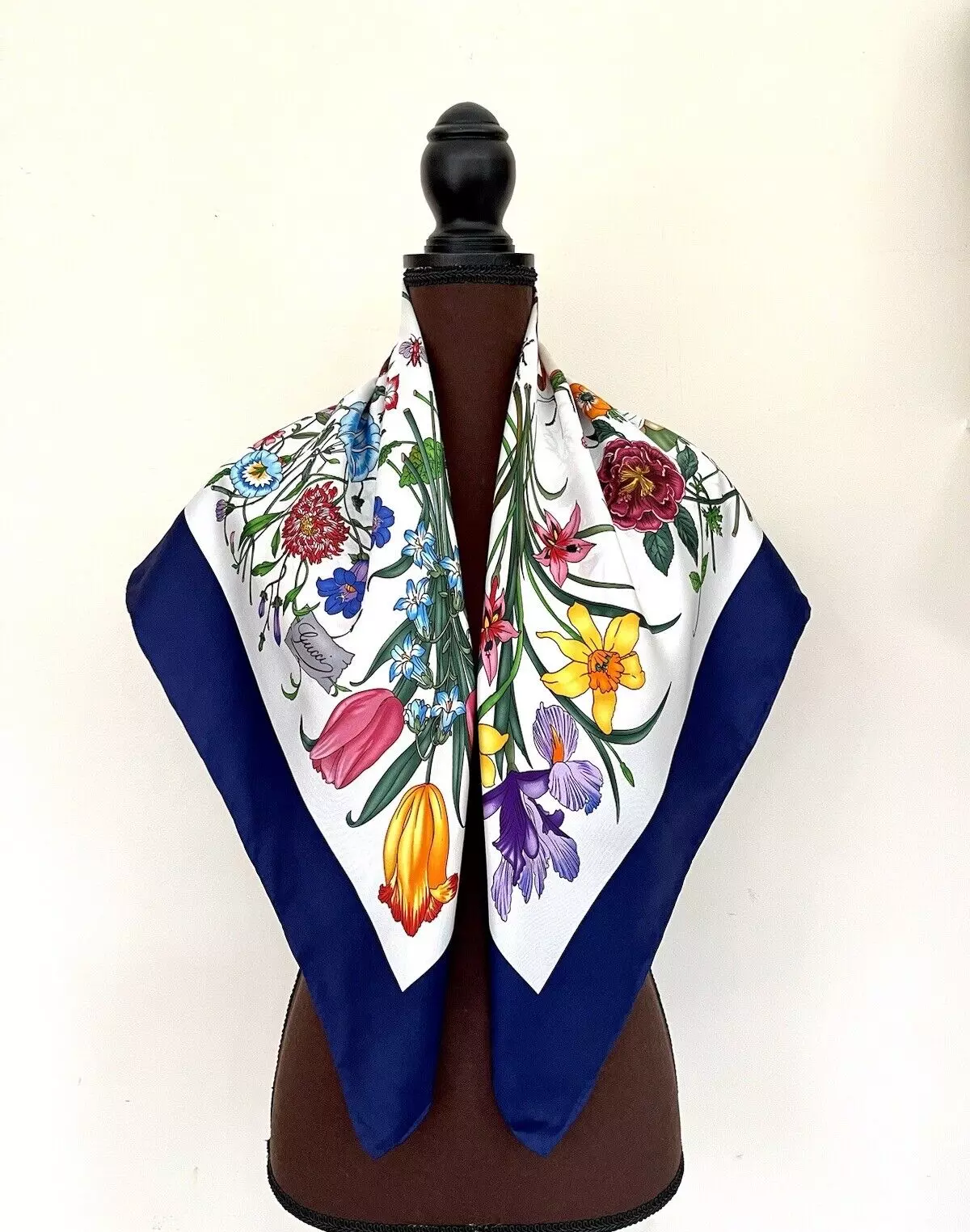 Foulard sergé unisexe Gucci imprimé flore classique multicolore soie bleue