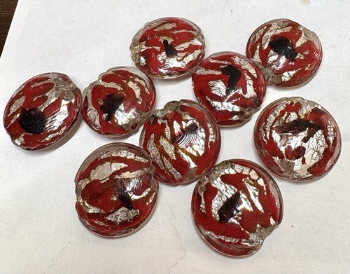 Lot Of 9 Antique Murano Art Glass Red Black & Silver Foil Beads 25mm - Picture 4 of 7