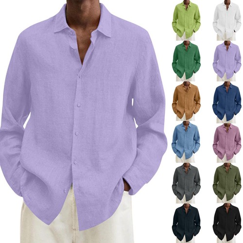 Camisa de vestir informal de lino de algodón de manga larga con botones holgada para hombre Reino Unido - Imagen 1 de 35