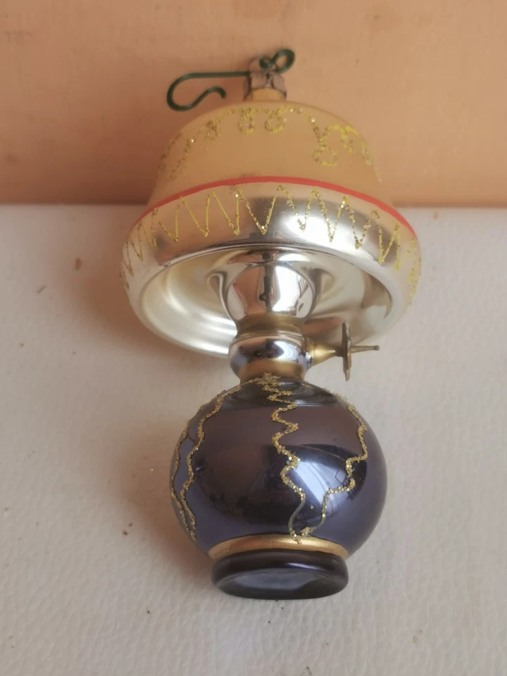 addobbo per albero di natale vintage lampada ad olio blu in pasta di vetro - Immagine 3 di 4