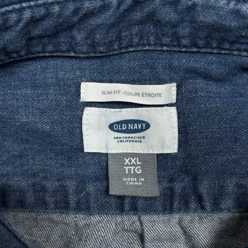 Old Navy Denim Button Shirt Mens XXL SLIM Blue Short Sleeve Heavyweight Pocket - Picture 5 of 11