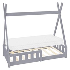 Lettino per bambini tenda indiana legno grigio con sponde 140x70 cm + materasso