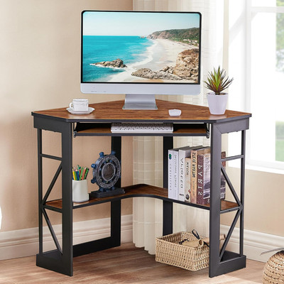 Compact Corner Desk with Keyboard Tray & Shelves - Teak Finish