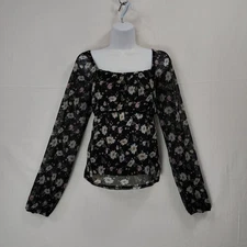 VTG A Byer Top Womens L Dark Floral Mesh Sheer Sleeves Peasant Milkmaid Y2K