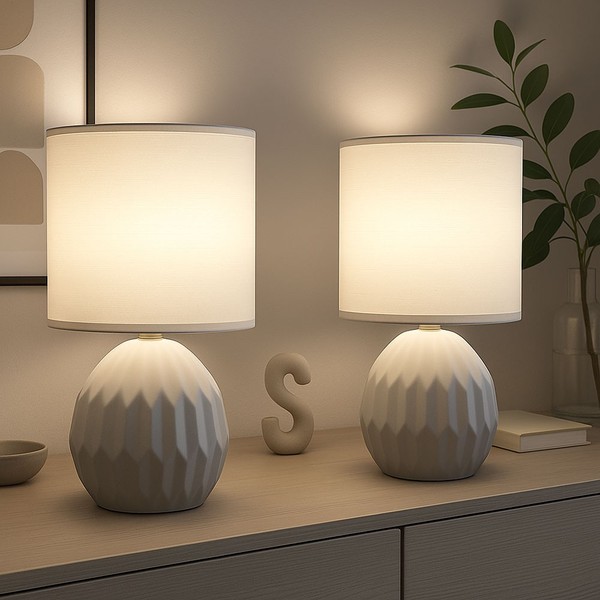Tischlampe Tischleuchte Nachttischlampe Grau Keramik Leselampe Textil H 23 Cm 2X-image