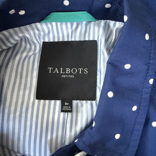 Women's TALBOTS Navy Blue Polka Dot Mac Coat Jacket Size 8P 8 Petite EUC - Picture 2 of 4