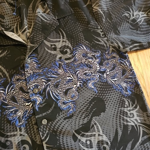 Camicia vintage Y2k ODO blu drago tribale con bottoni e colletto taglia XL - Foto 3 di 12
