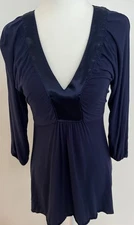 American Rag Cie Y2K Womens Babydoll Shirt V Neck Satin Trim Medium Navy Blue