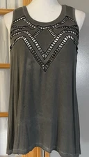 POL Anthropologie Tank Top Women’s M Lace Cut Out Overlap Olive Modern Classic