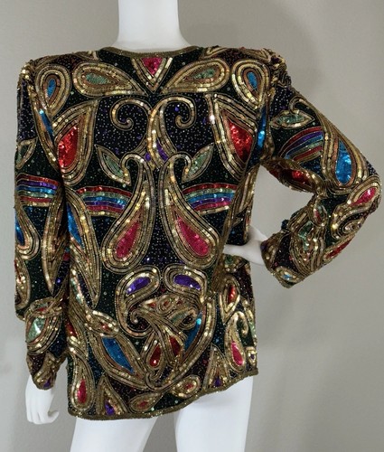 Lawrence Kazar Paisley Sequin Silk Jacket Party Gold Colorful Mardis Gras Sz S - Picture 2 of 23