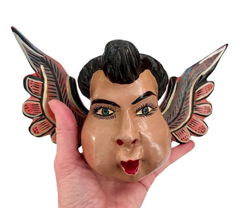 WOOD ANGEL Mask, Small Hanging Cherub, Mexican Folk Art - Picture 5 of 5