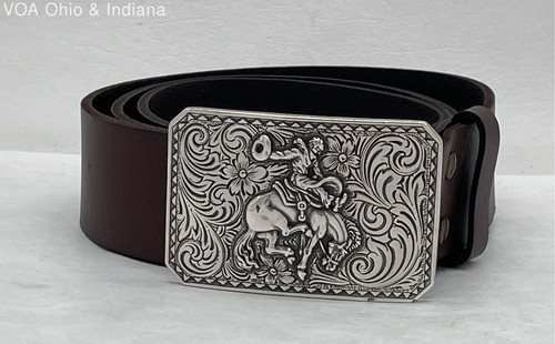 Nocona Belt Co. Brown Leather Belt With Bronco Rider Filigree Buckle - Size 38