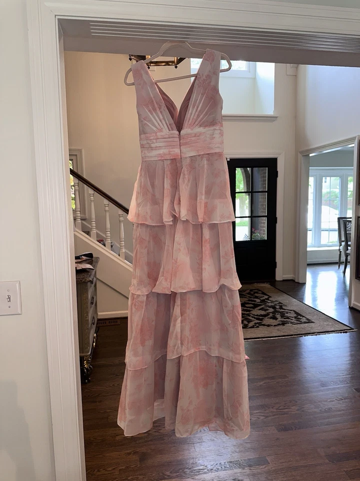 Vestido floral rosa de gasa con volantes en capas para mujer talla US 12  Foto 3 de 4